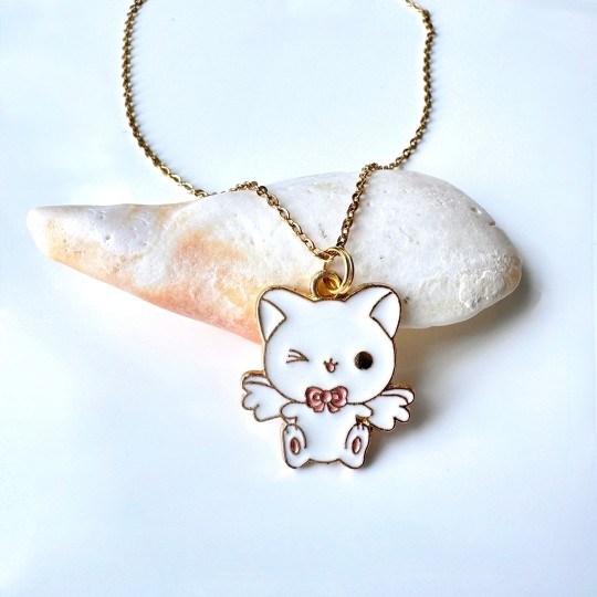Halsband med vit katt och rosa detaljer